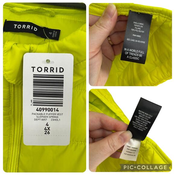 Torrid Packable Puffer Vest 4X 26 Yellow Hooded Full Zip Pockets Lightweight NWT - Picture 6 of 14